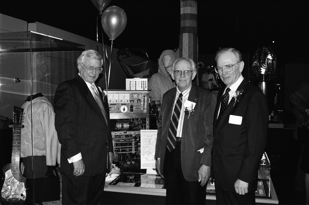Dialysis pioneers Dr. Les Babb, Dr. Belding Scribner and Wayne Quinton at an inventions exhibition in 1992.