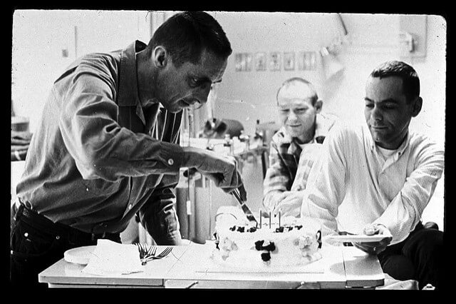 The first three dialysis patients (Clyde Shields, Rolin Heming and Harvey Gentry) celebrate their 10th anniversary on dialysis in the early 1970s.